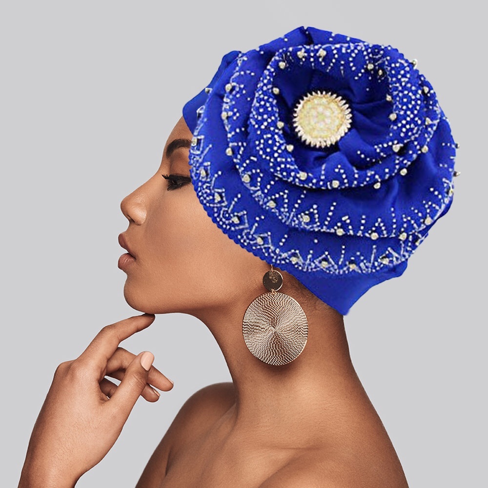 Blue Beaded Bling Studded Accented Turban Hat